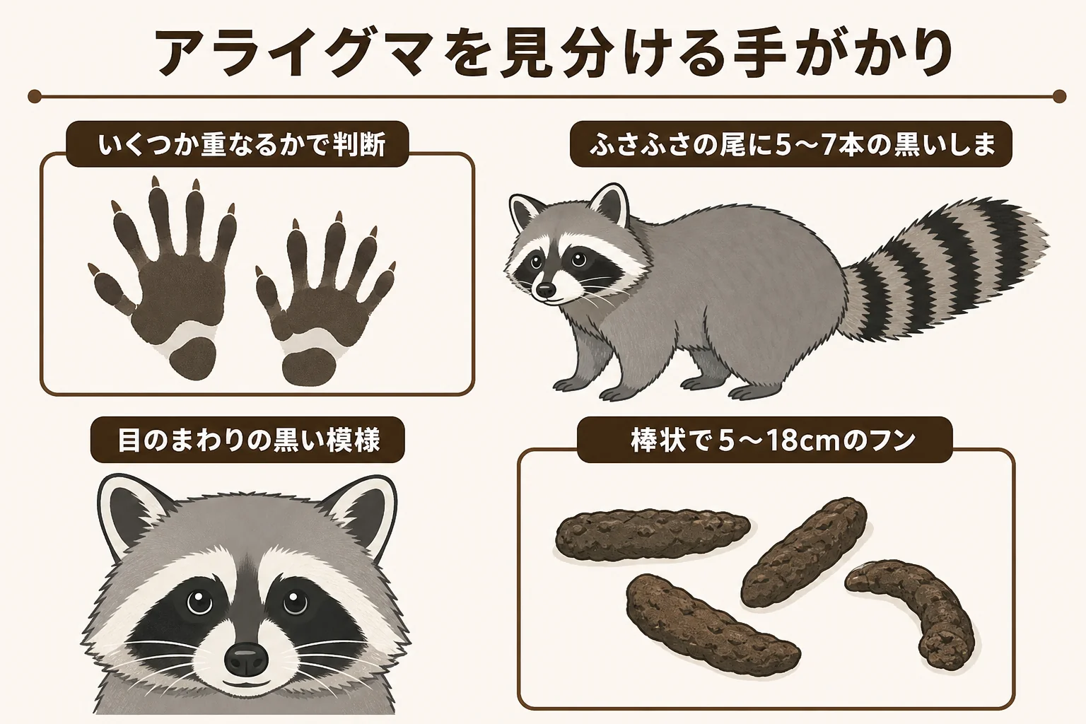 アライグマを見分ける手がかりとして足あと・しまの尾・目のまわりの模様・フンをまとめた図解