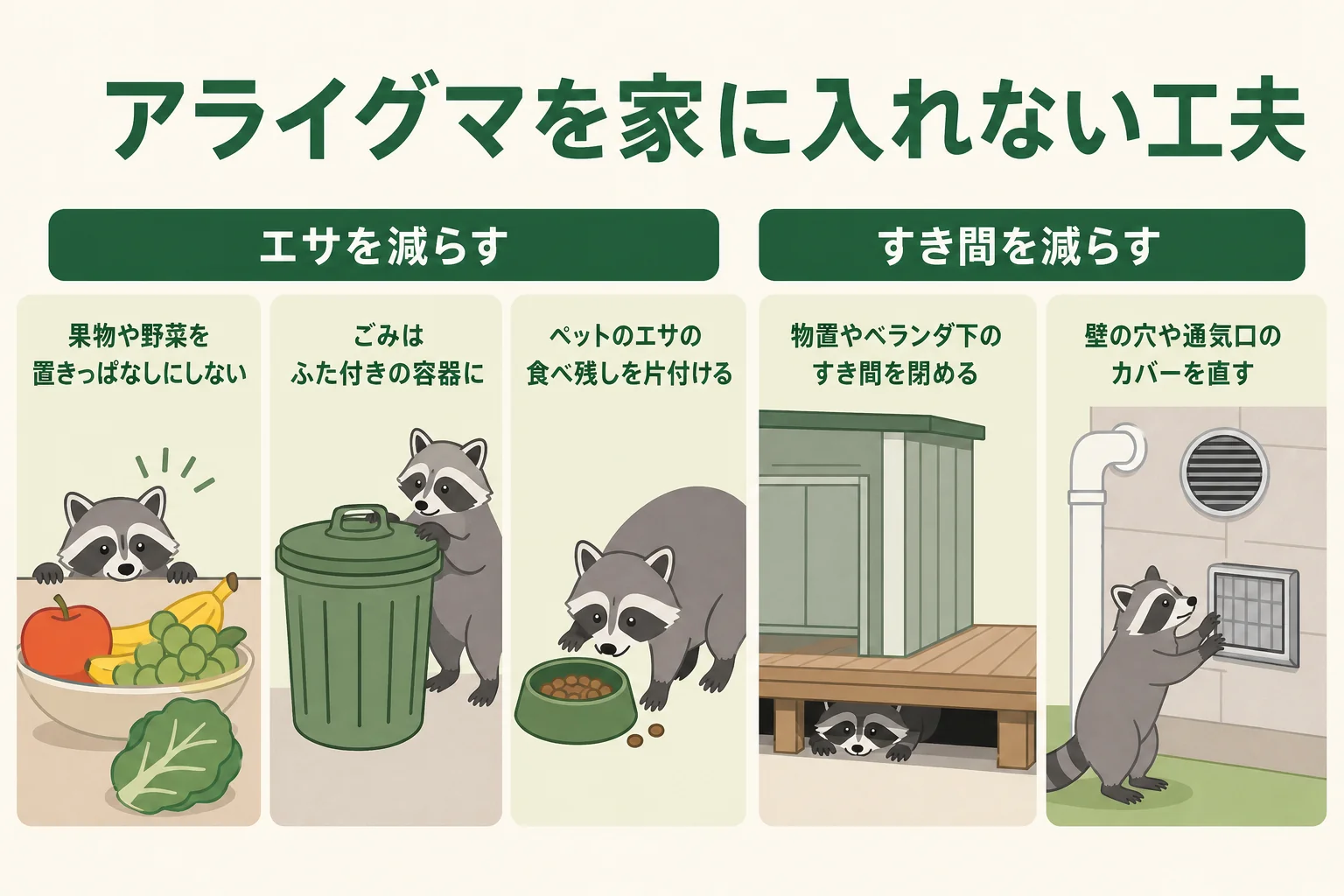 アライグマを家に入れない工夫としてごみ・果物・ペットのエサ・すき間の対策をまとめた図解