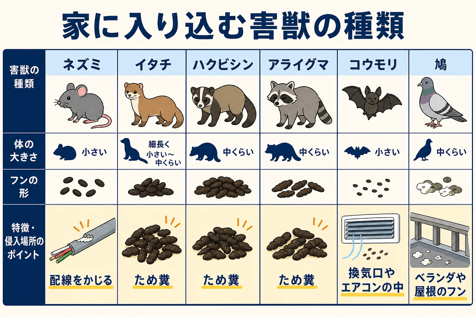 家に入り込みやすいネズミ・イタチ・ハクビシン・アライグマ・コウモリ・鳩の6種類の害獣と見分けるポイントを示した図解