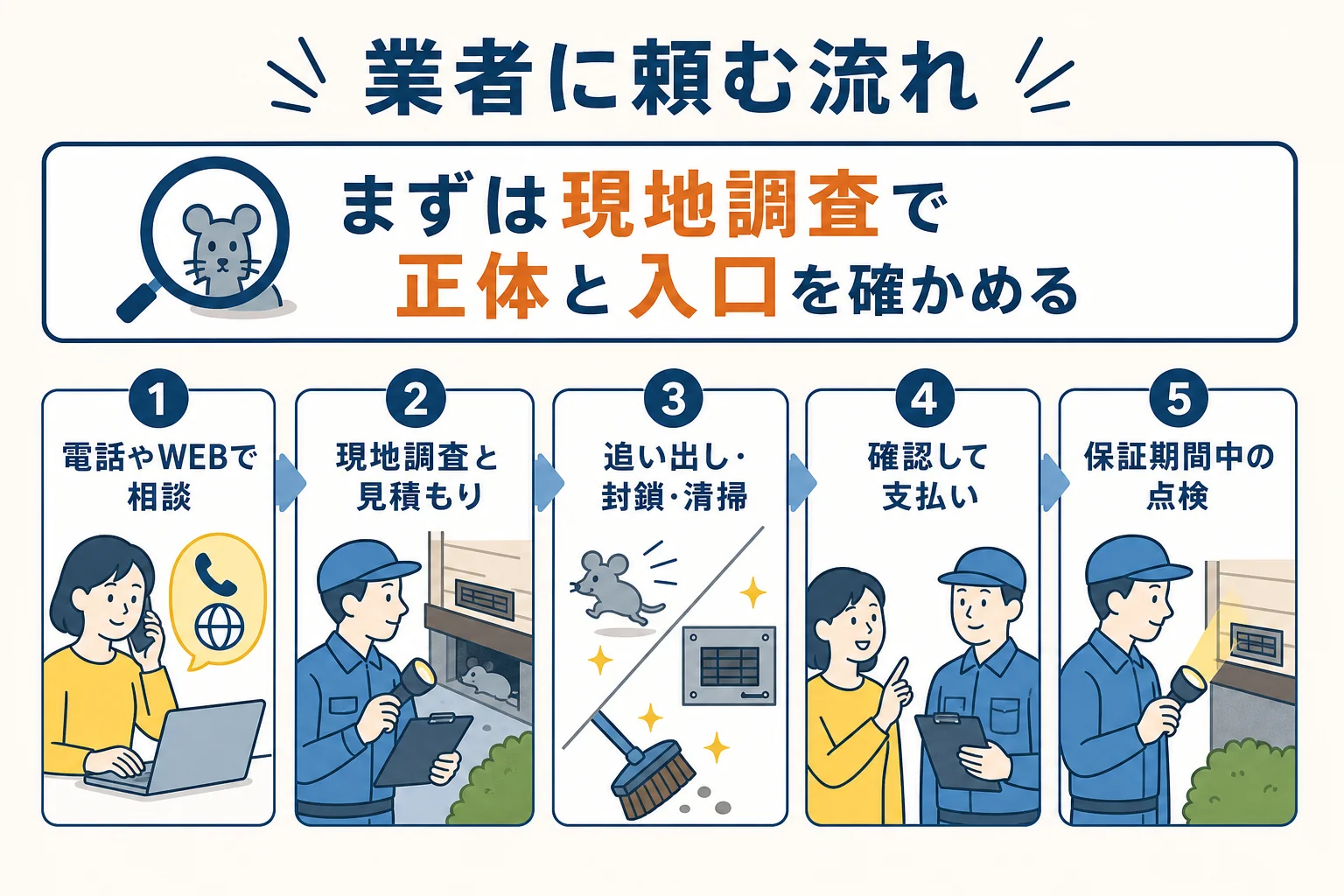 害獣駆除を業者に頼む時の相談・現地調査・見積もり・施工・支払い・保証の流れを示した図解