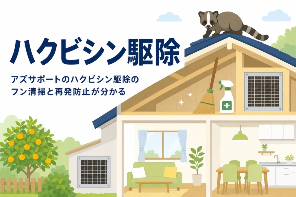アズサポートのハクビシン駆除のフン清掃と再発防止の仕組みを紹介する記事のアイキャッチ