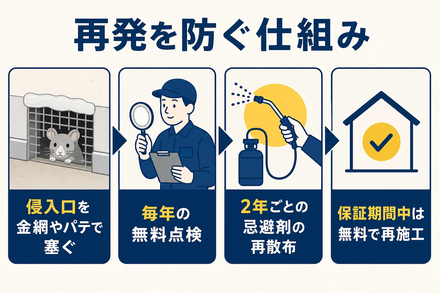 アズサポートのハクビシン駆除で再発を防ぐための侵入口の封鎖・毎年の点検・忌避剤の再散布・保証期間中の再施工をまとめた図解
