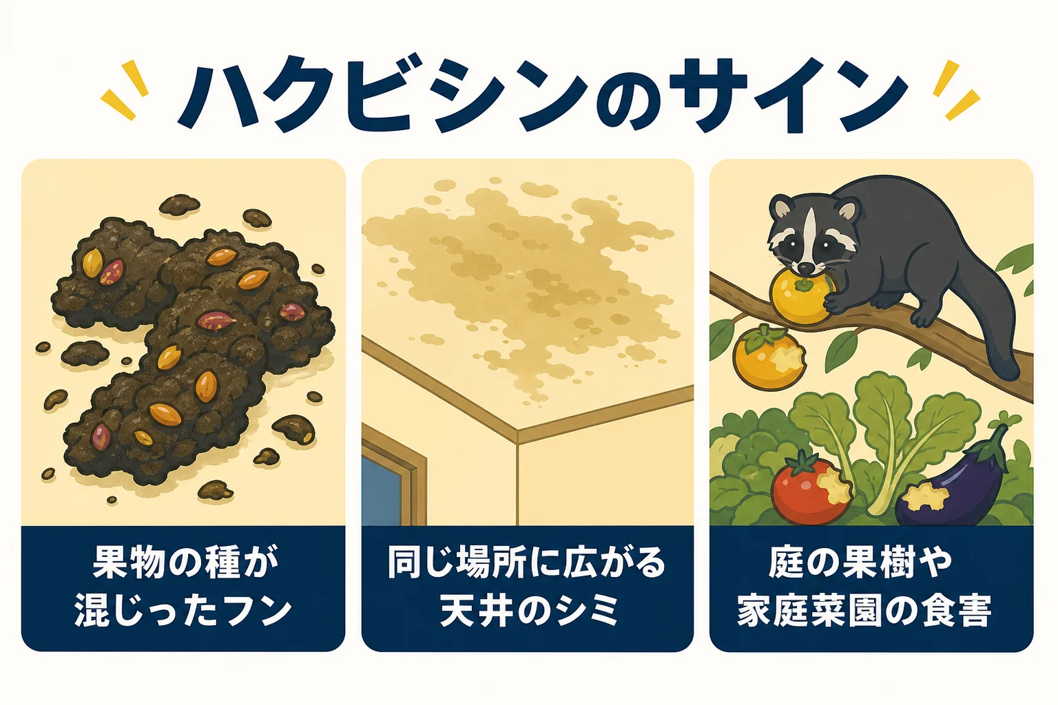 ハクビシンの被害のサインとして果物の種が混じったフン・天井のシミ・庭の果樹の食害をまとめた図解