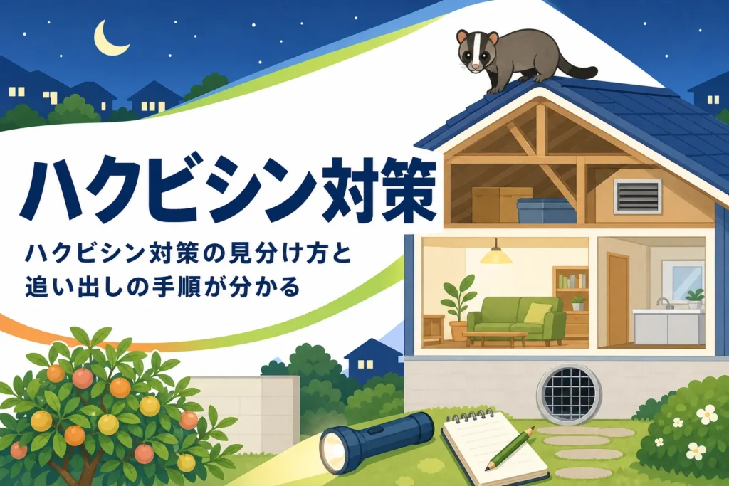 ハクビシン対策としてフンや鳴き声での見分け方と追い出しの手順を紹介する記事のアイキャッチ