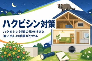 ハクビシン対策としてフンや鳴き声での見分け方と追い出しの手順を紹介する記事のアイキャッチ