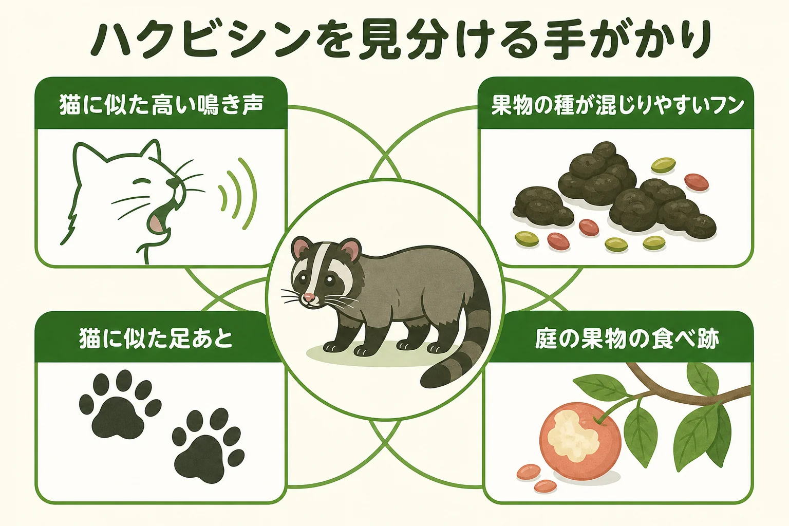 ハクビシンを見分ける手がかりとして鳴き声・フン・足あと・食べられた果物をまとめた図解