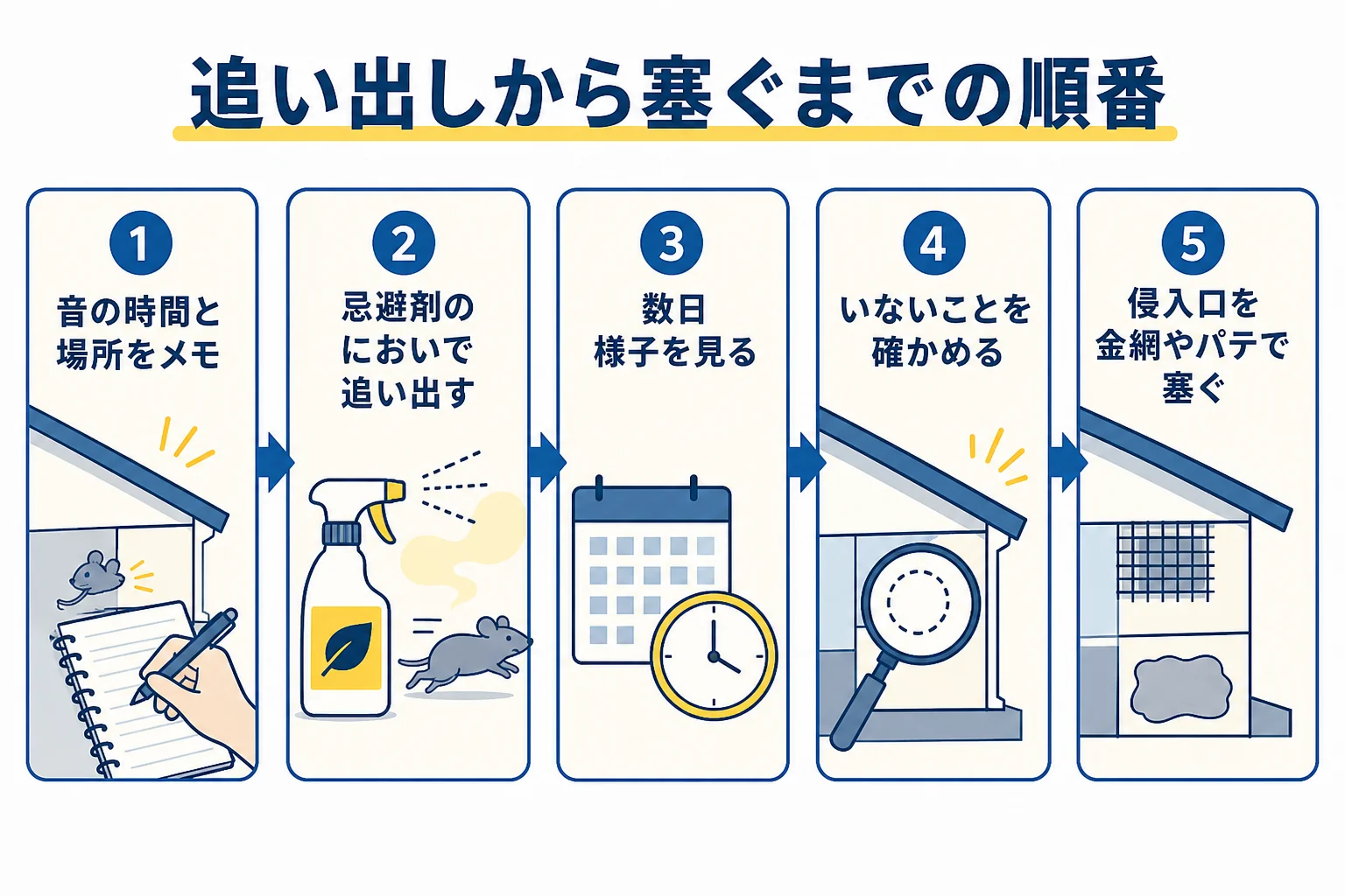 ハクビシンを追い出してから侵入口を塞ぐまでの順番を示した図解