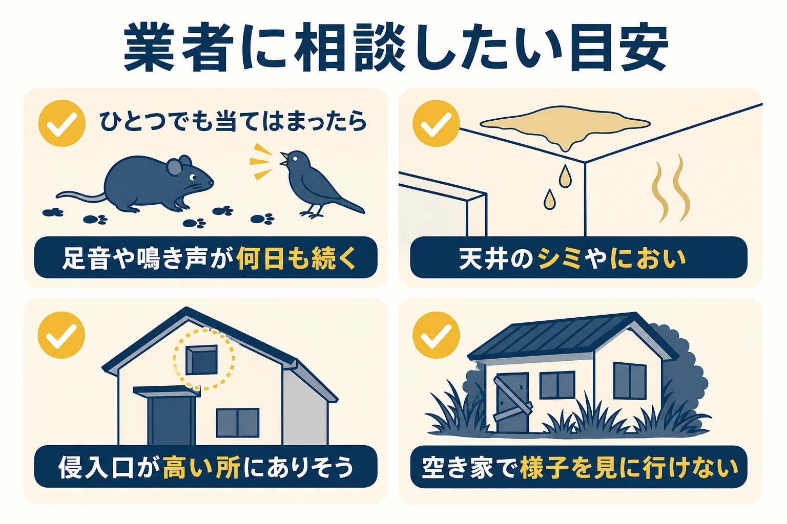 ハクビシンの足音が続く・シミやにおい・高い所の侵入口・空き家など業者に相談したい目安をまとめた図解
