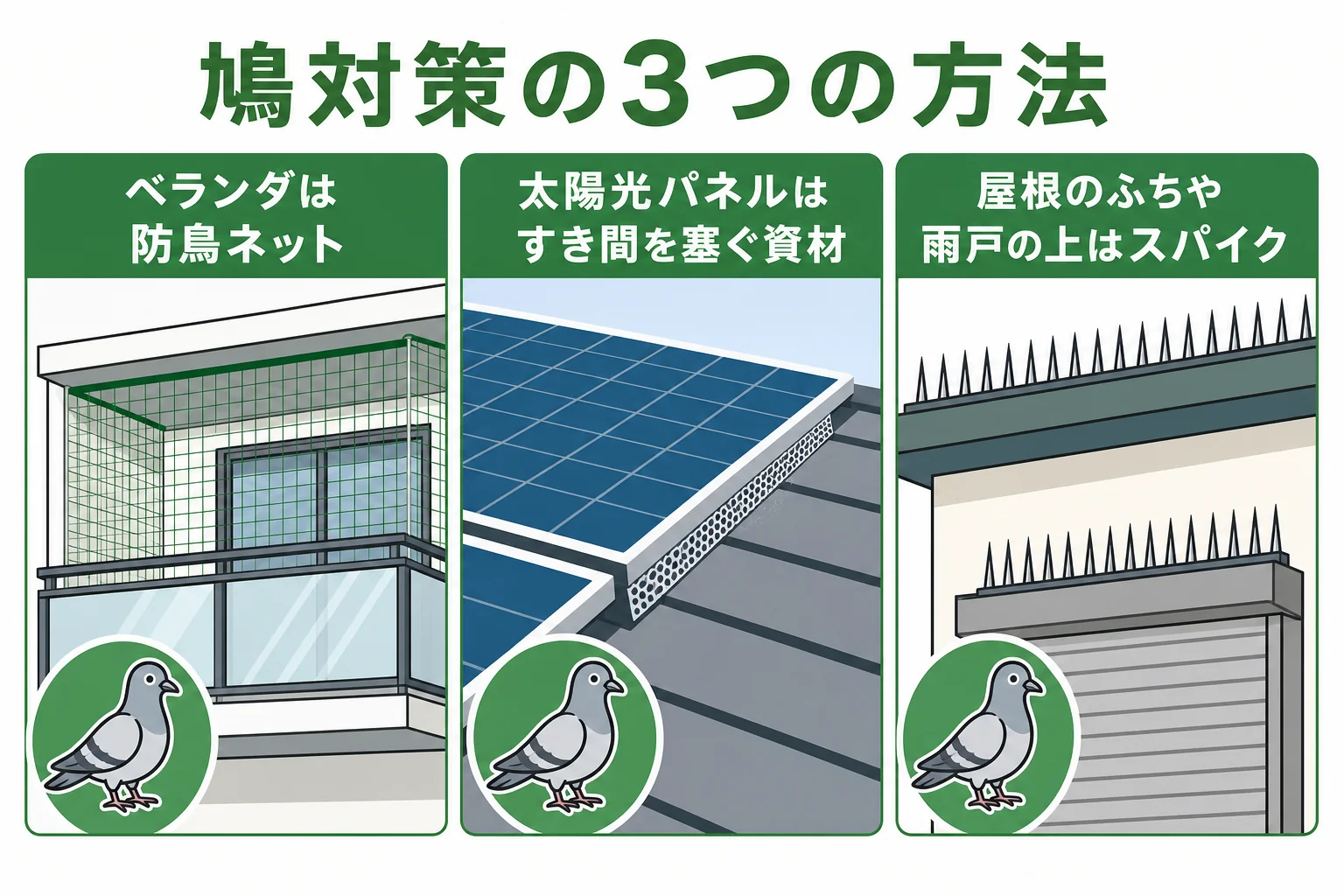 アズサポートの鳩対策で使う防鳥ネット・すき間を塞ぐ資材・防鳥用スパイクの3つの方法を示した図解