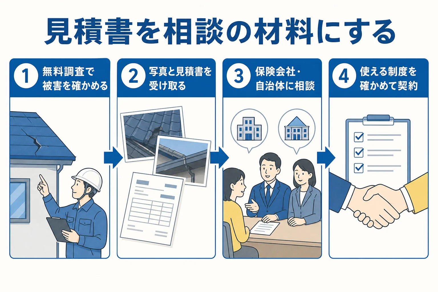 無料調査で受け取った見積書や写真を補助金や保険の相談に使う流れを示した図解