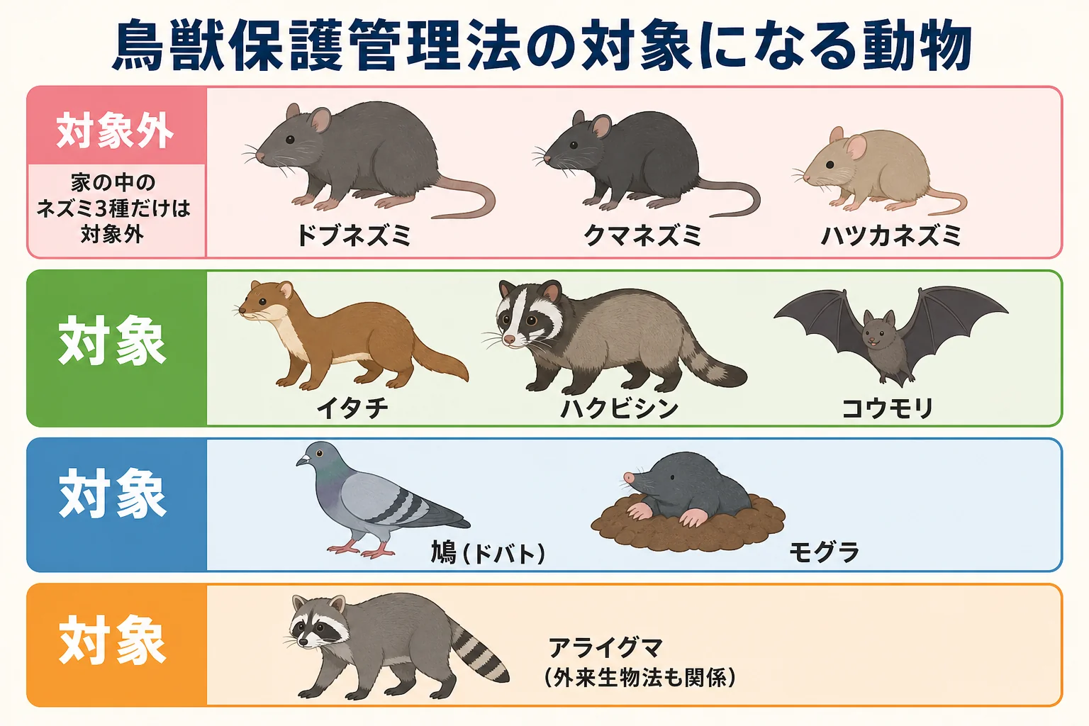 家に出る動物ごとに鳥獣保護管理法の対象か対象外かを示した図解