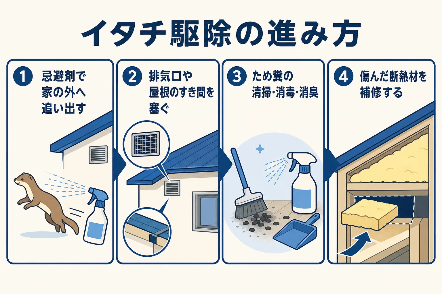 アズサポートのイタチ駆除が追い出し・侵入口の封鎖・清掃と消臭・断熱材の補修の順に進むことを示した図解