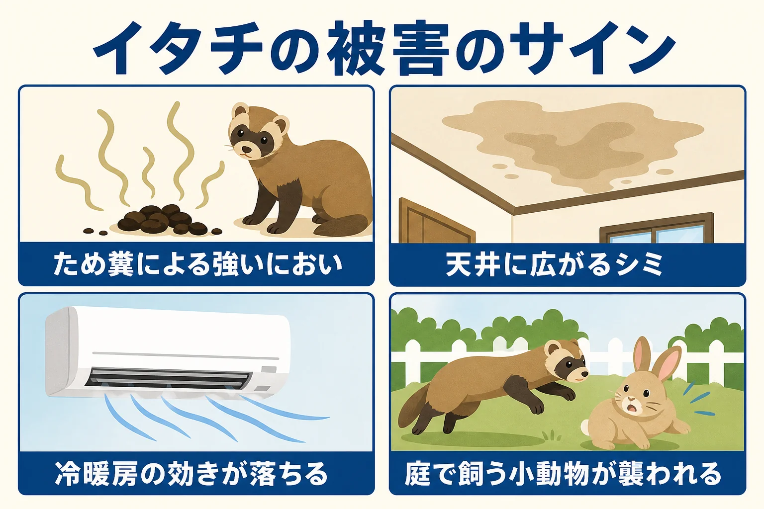 イタチが家に住み着いた時に出やすいにおい・天井のシミ・断熱材の傷みなどの被害のサインをまとめた図解