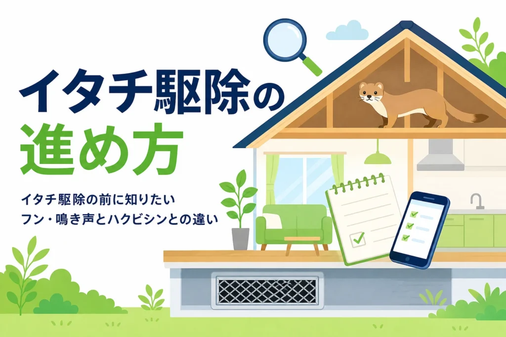 イタチ駆除の進め方とフン・鳴き声の特徴、ハクビシンとの違いを紹介する記事のアイキャッチ