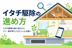 イタチ駆除の進め方とフン・鳴き声の特徴、ハクビシンとの違いを紹介する記事のアイキャッチ