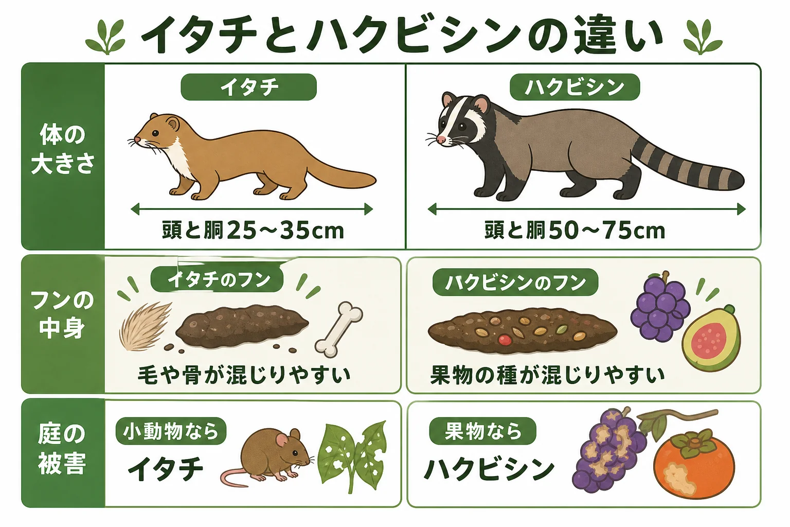 イタチとハクビシンの違いを体の大きさ・フン・食べ物・庭の被害で比べた図解