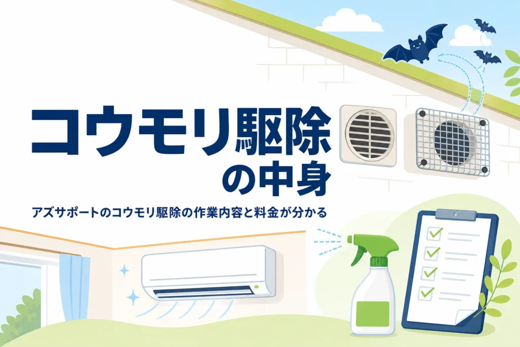 アズサポートのコウモリ駆除の作業内容と、換気扇・エアコン内部の対応、料金を紹介する記事のアイキャッチ