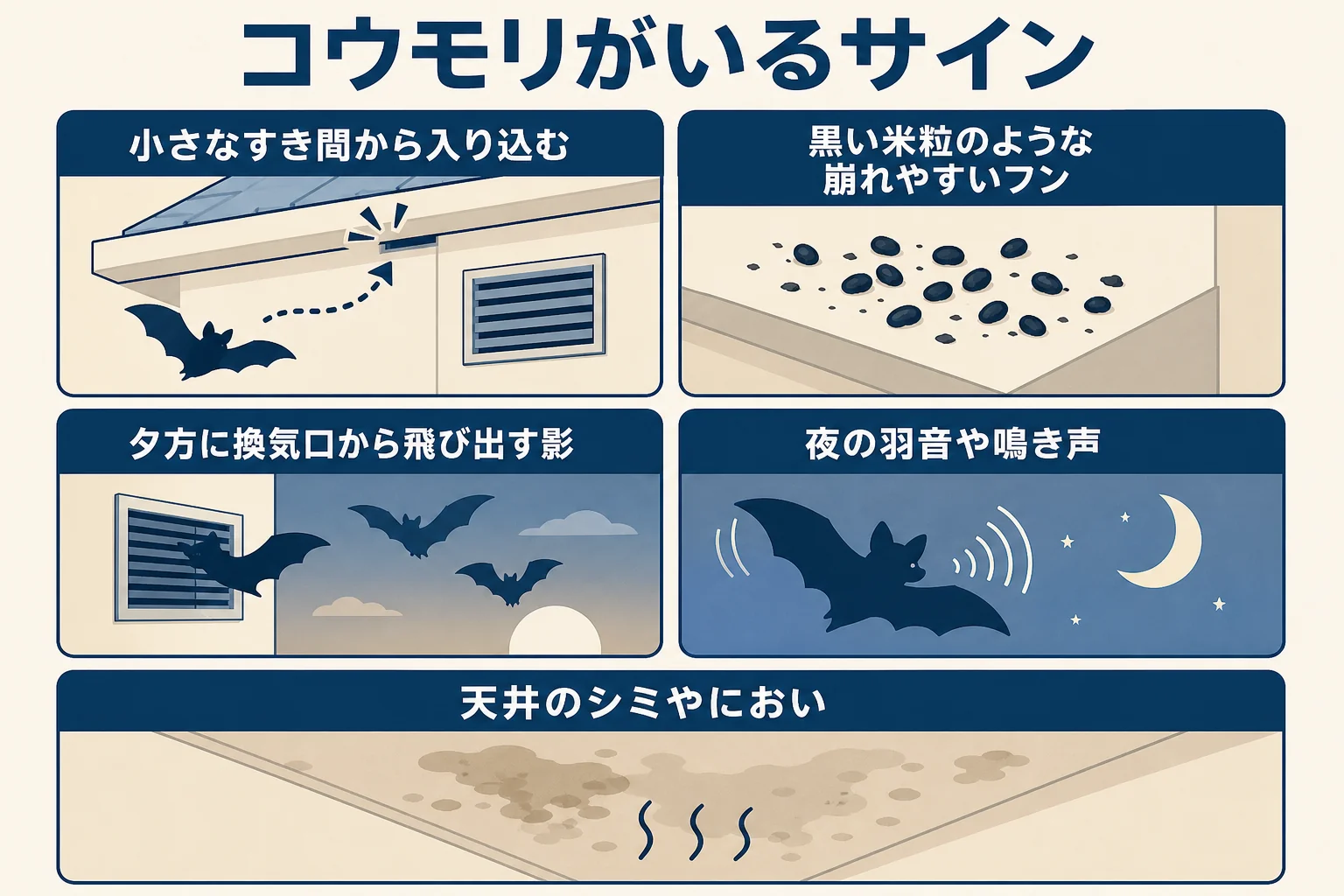 アブラコウモリが住み着いた時に出やすいフン・羽音・天井のシミなどのサインをまとめた図解