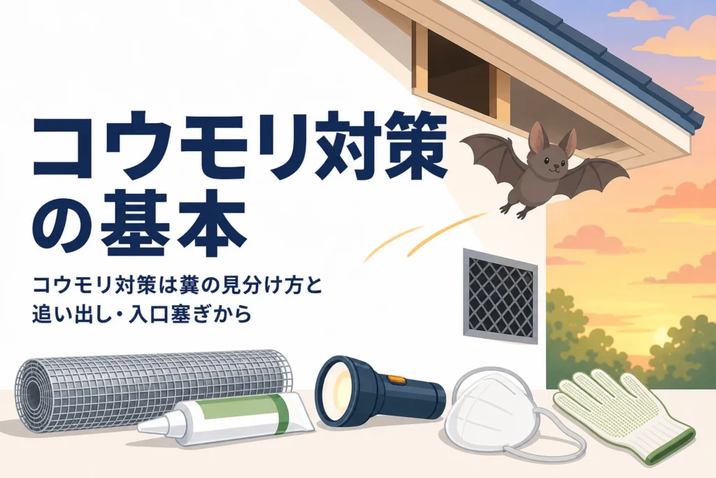 コウモリ対策として糞の見分け方と追い出し・侵入口の塞ぎ方を紹介する記事のアイキャッチ