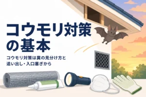 コウモリ対策として糞の見分け方と追い出し・侵入口の塞ぎ方を紹介する記事のアイキャッチ