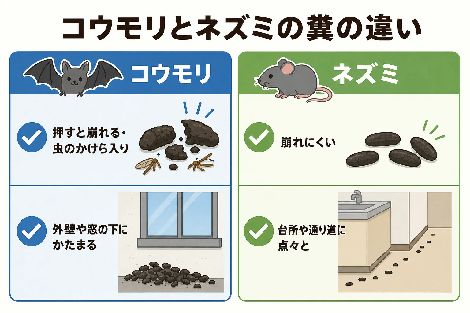 コウモリの糞とネズミの糞の違いを、崩れ方・中身・落ちている場所・気配のある時間で比べた図解