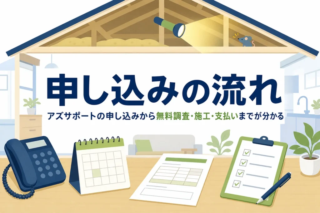 アズサポートの申し込みの流れを、無料の現地調査から施工・支払いまで紹介する記事のアイキャッチ