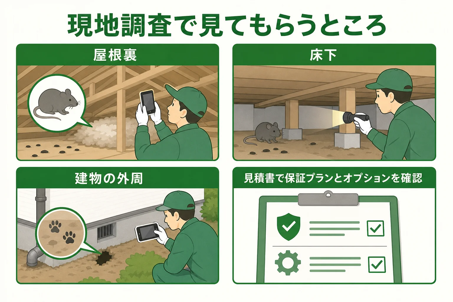 アズサポートの現地調査で屋根裏・床下・外周を調べ、写真を見ながら説明を受けて見積もりを比べる流れを示した図解