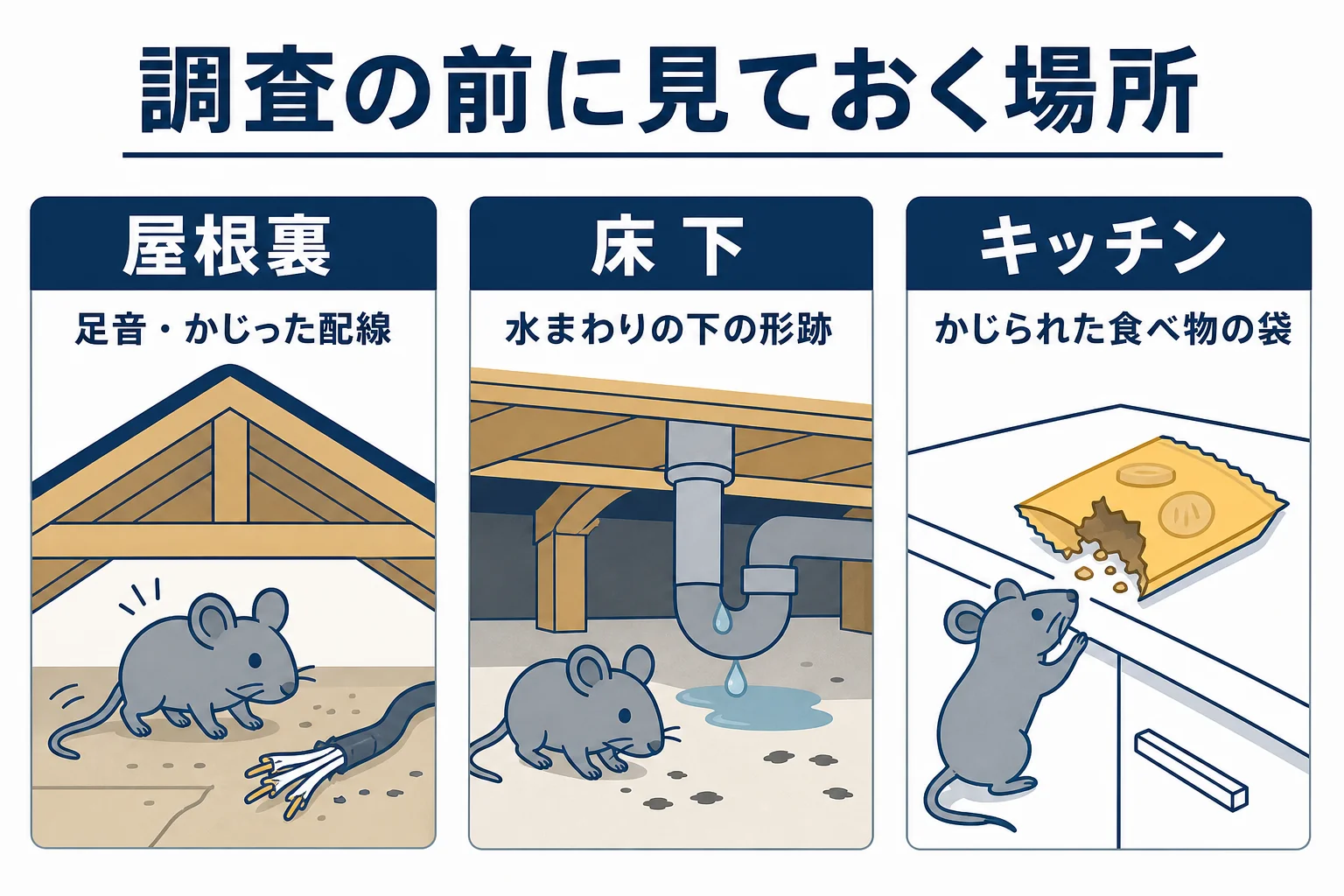 ネズミ駆除の無料調査の前に屋根裏・床下・キッチンで見ておきたい形跡をまとめた図解