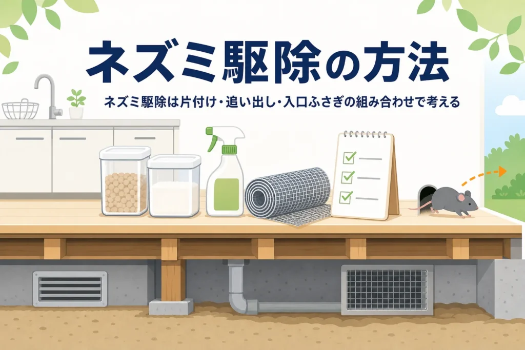ネズミ駆除の方法を片付け・追い出し・入口ふさぎの組み合わせで紹介する記事のアイキャッチ