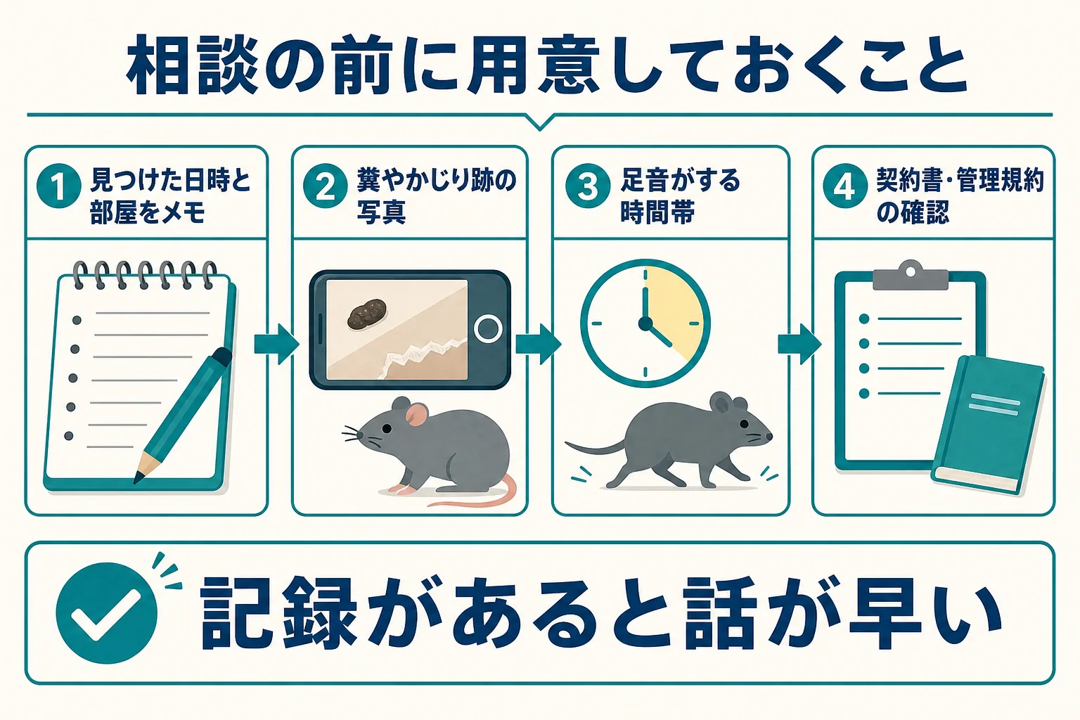 マンションのネズミについて管理会社や管理組合に相談する前に用意しておきたい記録と書類を示した図解