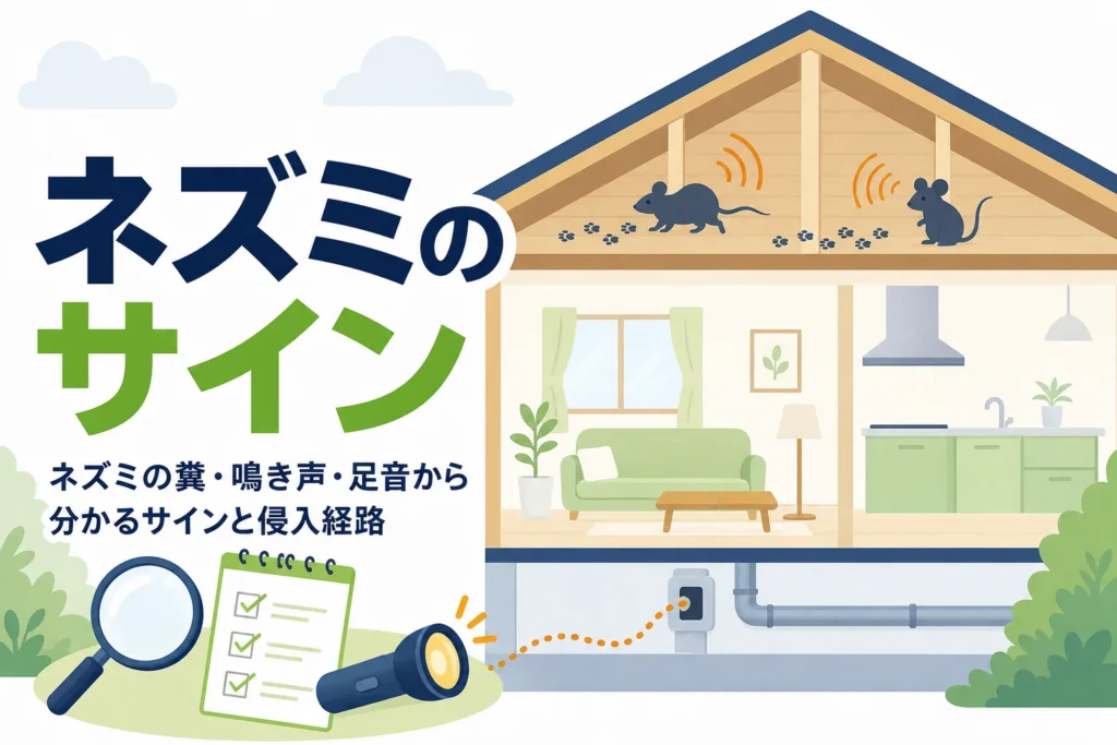 ネズミの糞・鳴き声・足音で分かるサインと侵入経路の見つけ方を紹介する記事のアイキャッチ