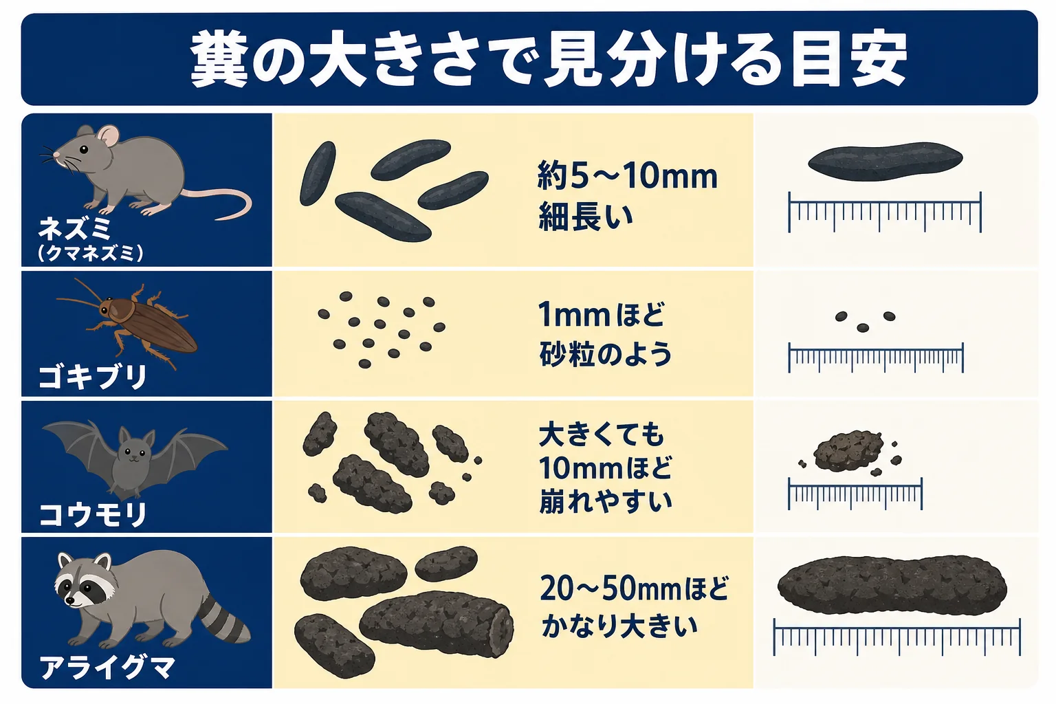 ネズミの糞の大きさと形をゴキブリ・コウモリ・イタチなどほかの動物の糞と比べた図解