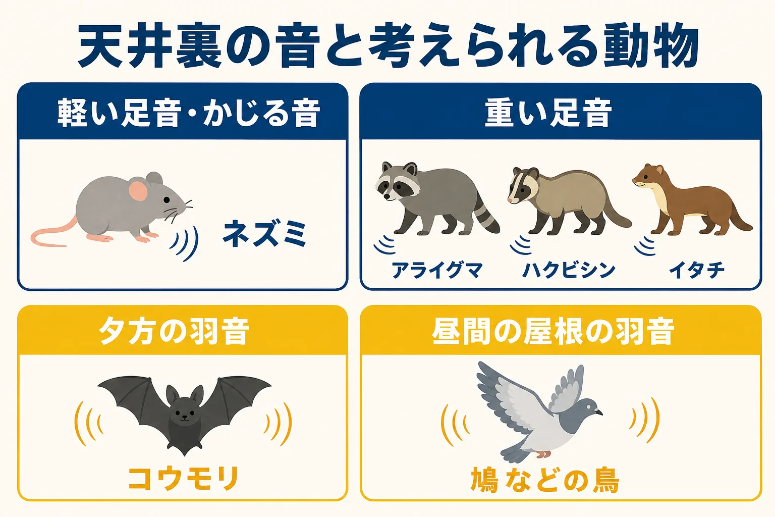 天井裏から聞こえる音の種類と時間帯から考えられる動物を示した図解